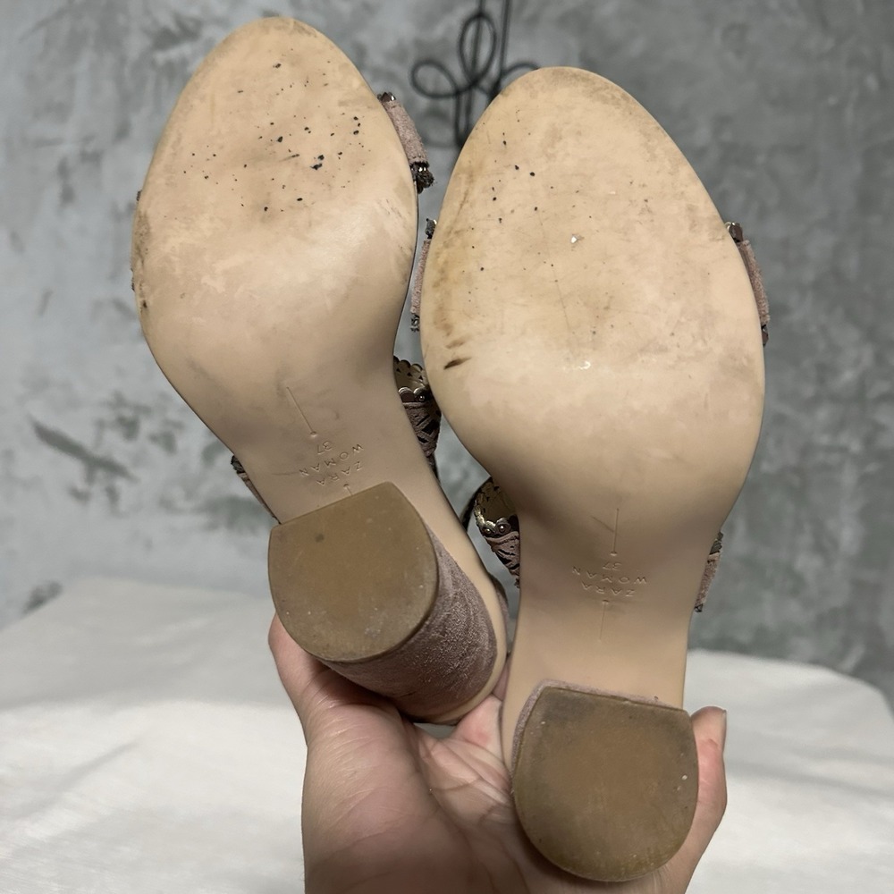 Zara Woman Suede Laser Cut Block Heel Open Toe Sandals Size US 6.5 / EU 37 pink - Picture 6 of 8
